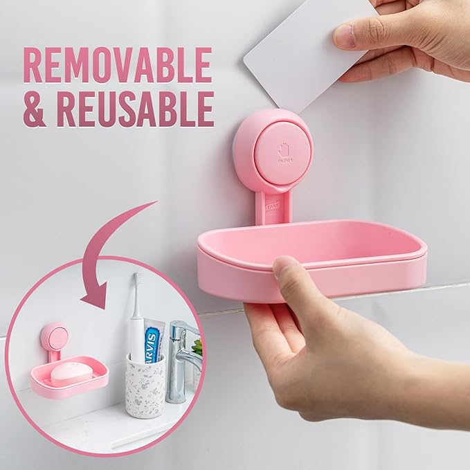 TAILI Soap Holder Soap Dish for Shower, Suction Cup Soap Holder for Shower Wall, Bathroom Accessories, Removable Strong Hold Soap Saver, Drill Free Double Soap Dish, Pink 2 Set