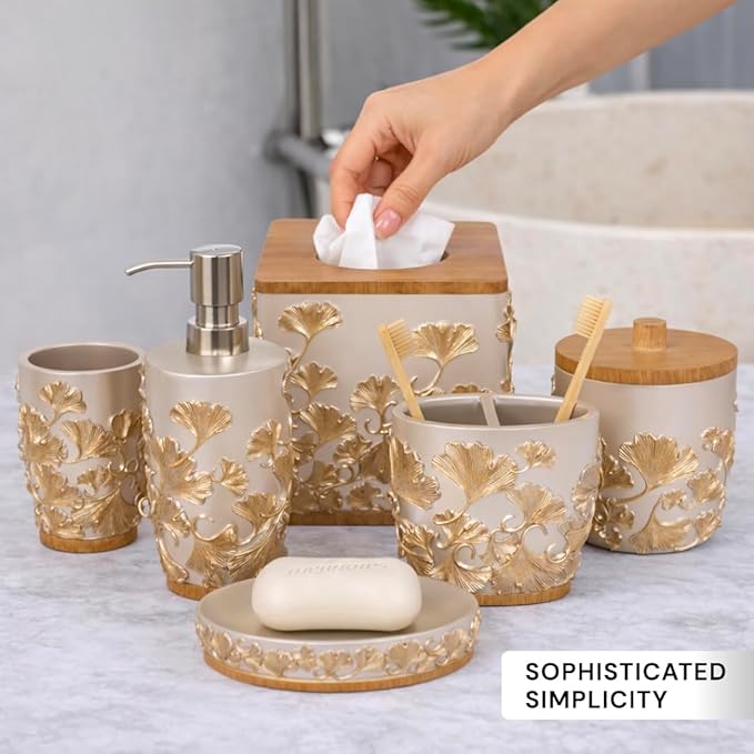Decozen Bathroom Accessories 6Pcs Set, Soap Dispenser, Toothbrush Holders, Tumbler, Soap Dish & Cotton Swab Jar – Modern Bathroom Decor, Modern Farmhouse Decor, Countertop Accessories, Gold Champagne