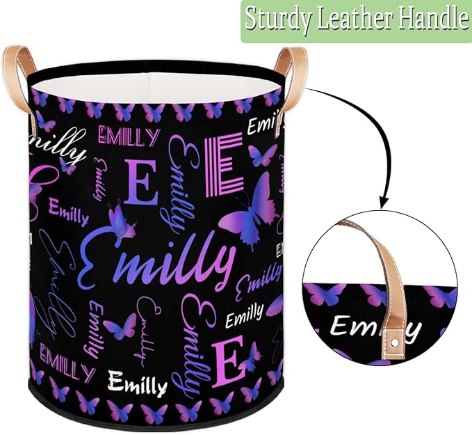 Custom Purple Butterfly Laundry Hamper, Personalized Laundry Baskets with Handles Dirty Clothes Hamper Storage Basket