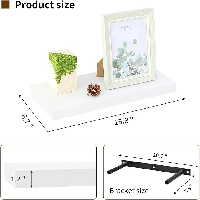 Floating Shelves for Wall, Wall Mounted Rustic Wood Shelves for Bathroom, Bedroom, Living Room, Kitchen, Hanging Shelf for Books/Storage/Room (White, 15.8")