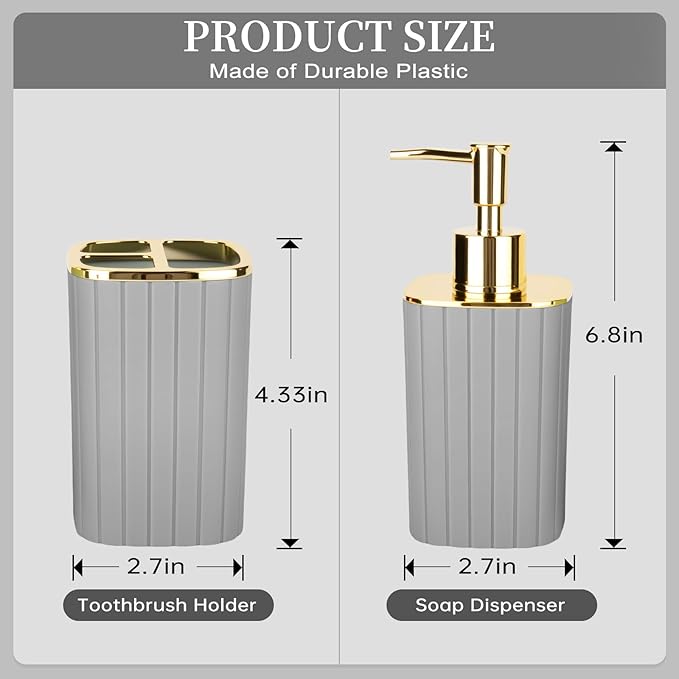 2PCS Bathroom Accessories Set, Grey Bathroom Accessories Include Soap Dispenser and Toothbrush Holder for Boho Bathroom Decor