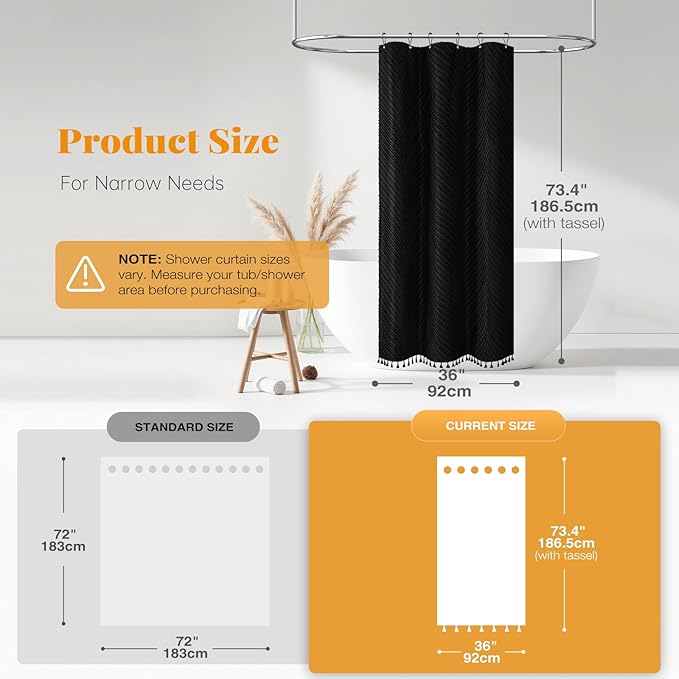 BTTN Boho Stall Shower Curtain - 36x72 Narrow Tufted Leaves Textured Striped Tassel Shower Curtain Set with 6 Hook, Modern Farmhouse Vintage Country Shabby Chic Shower Curtains for Bathroom, Black