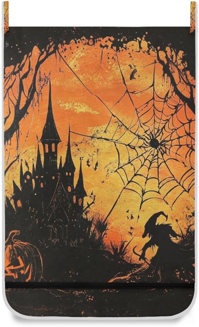 Witch Castle Halloween Door Hanging Laundry Hamper Bag with Free Adjustable Stainless Steel Hooks Dirty Clothes Hamper Extra Large Over the Door Laundry Hamper 29.5X20inch 1 PCS
