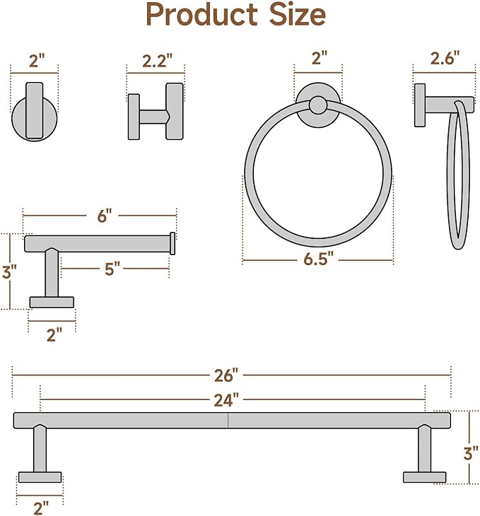 USHOWER Matte Black Bathroom Hardware Set, Modern 24-Inch Towel Bar Set Wall Mounted, Durable SUS304 Stainless Steel Bathroom Accessories Set, 4-Piece