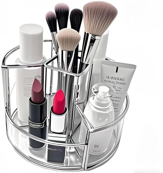 360° Rotate Makeup Brush Holder, Makeup Organizers Countertop, Perfume Tray, Bathroom Organizer and Storage for Eyeliner,Lipstick, Lazy Susan Organizer for Vanity Cabinet Dresser Bathroom (Silver)