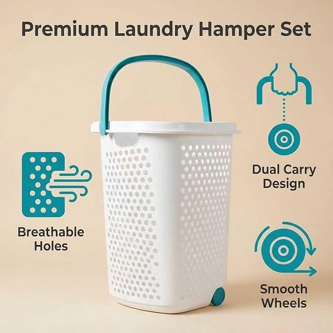 (2-Pack) 2 Bushels Wheeled Plastic Laundry Basket, Lightweight and Flexible, Equipped with Handles, Easy to Clean, Suitable for use in Homes, Dormitories, Bathrooms and Laundry Rooms.