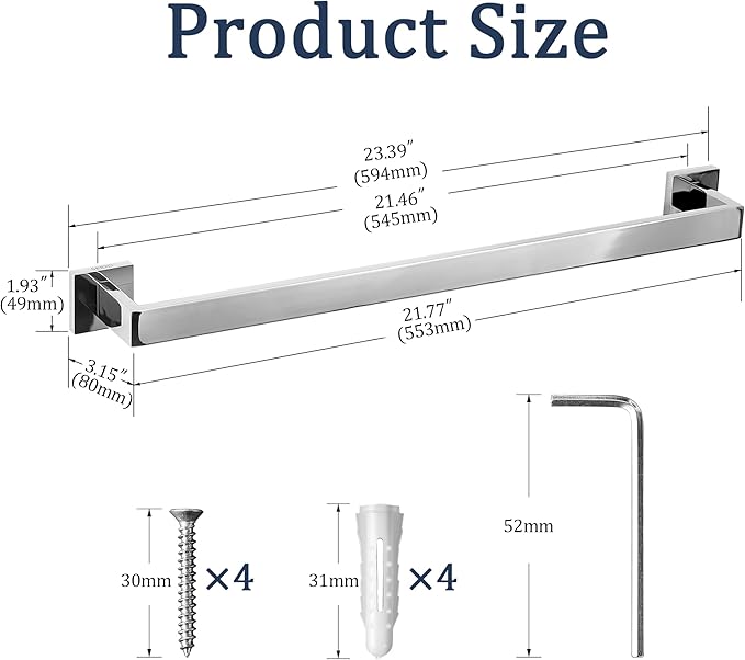 SEIDO Square Single Towel Bar, SUS 304 Stainless Bathroom Towel Holder 24 Inch Long, Modern Polished Chrome Towel Racks for Bathroom and Kitchen Storage, Heavy Duty Towel Rack Wall Mounted