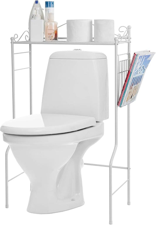 MyGift Over The Toilet Standing Shelf Storage with Magazine Basket, Freestanding Bathroom Space Saver Organizer Rack, White Metal Vintage Scrollwork Accents