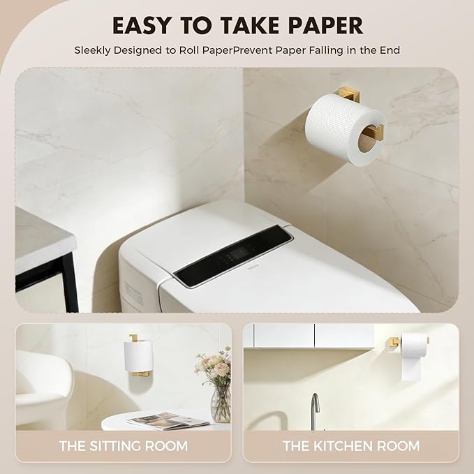 Bathroom Accessory Towel Bar Set: 5 Pieces Gold Bathroom Hardware Square SUS304 Stainless Steel - Wall Mounted Towel Rack&Toilet Paper Holder&Towel Ring and Towel Hook