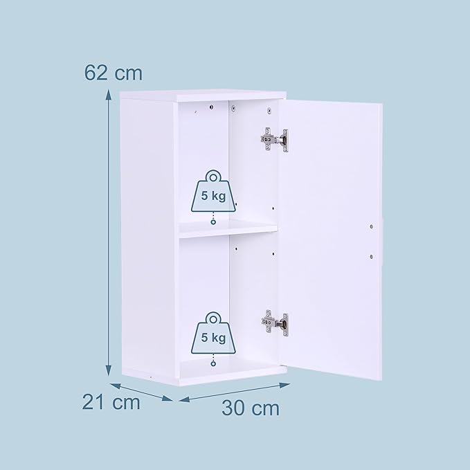 Relaxdays bathroom wall cabinet, 2 shelves, HxWxD: 62 x 30 x 21 cm, adjustable shelf, slim design, MDF, white, 100% Fibreboard