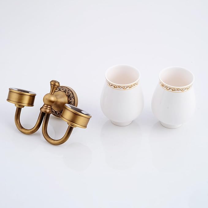 Wall Mounted Bathroom Double Tooth Brushed Cup Holder, Antique Brass Pattern Carving,Brushed Bronze