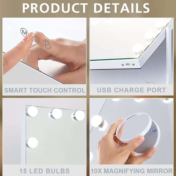 FENCHILIN Vanity Mirror with Lights, White Hollywood Lighted Makeup Mirror with 15 Dimmable LED Bulbs Rotation for Dressing Room & Bedroom, Living Room