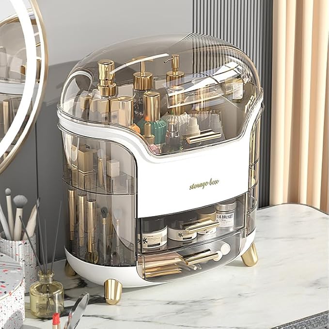 Professional Makeup Organizer Box and Cosmetic Display Case for Perfume, Lotion, Skincare Creams, Brushes, and Accessories, Large Vanity Storage, Rotating Drawers-White