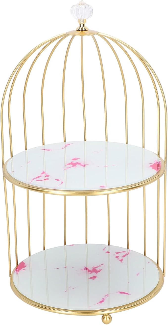 Double Layer Storage Shelf Bird Cage Organizer Display Rack for Bathroom Countertop Dressing Table Gold Frame (Pink Stone Pattern)