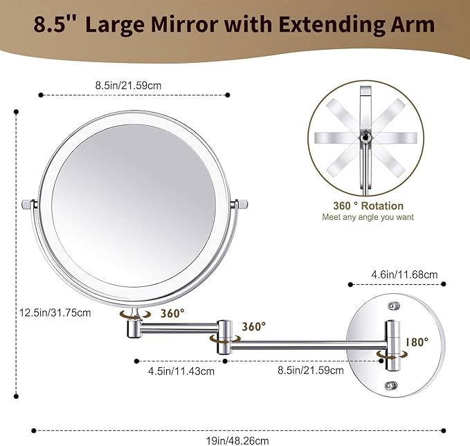 8.5" Wall Mounted Lighted Makeup Mirror, 3000 mAh Rechargeable Double-Sided 1X 10X Magnifying Mirror, 3 Color Lighting, Touch Screen Dimming, Extended Arm 360 Rotation Shaving Bathroom Mirror