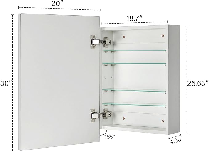 TEHOME 20'' x 30'' Polished Nickel Recessed and Surface Mount Bathroom Medicine Cabinet with Mirror Square Cornered Metal Framed Rounded Rectangle Medicine Cabinet Mirror