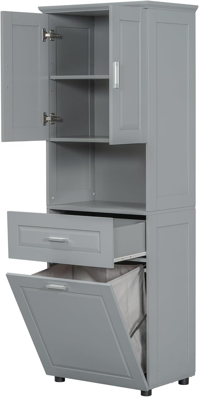 Virubi Tall Laundry Cabinet with Tilt Out Laundry Hamper and Drawer, Modern Wood Bathroom Storage Cabinet with Doors and Adjustable Shelves, Freestanding, Grey