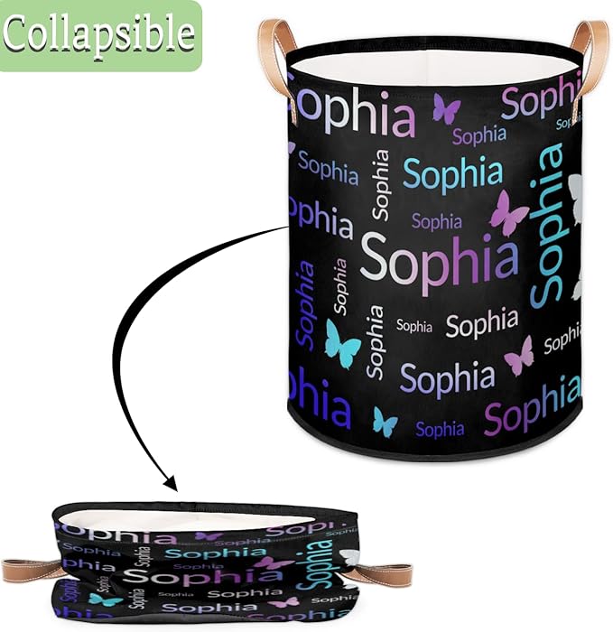 Custom Purple Pink Green Butterfly Laundry Hamper, Personalized Laundry Baskets with Handles Dirty Clothes Hamper Storage Basket