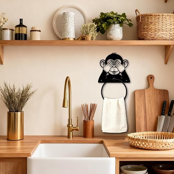 MAYJOYDIY Monkey Metal Towel Ring Round Animal Hand Towel Holder Ring Hanger Black Vintage Towels Wall Organizer for Kitchen Bath Home Laundry Room Decors Gifts