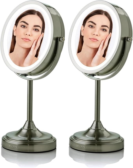 OVENTE 7'' Lighted Tabletop Makeup Mirror, 1X & 7X Magnifier, Spinning Double Sided Round LED, Great for Vanity, Bath, & Bedroom, Battery Powered, Nickel Brushed MCT70BR1X7X (Pack of 2)