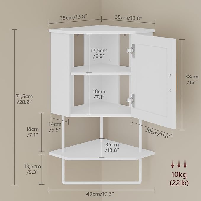 MAHANCRIS Bathroom Wall Cabinet, Corner Wall Mount Medicine Cabinet with Adjustable Shelf & Towel Bar, 3-Tier Over Toilet Storage Cabinets for Bathroom Laundry Room Kitchen, for Small Space, White