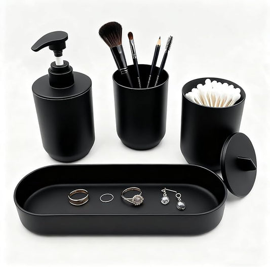 4-Piece Bathroom Accessories Set, Matte Black Plastic Countertop Organizer with Toothbrush Holder, Lotion Soap Dispenser, Qtip Holder & Vanity Tray – Modern Bathroom Decor for Home
