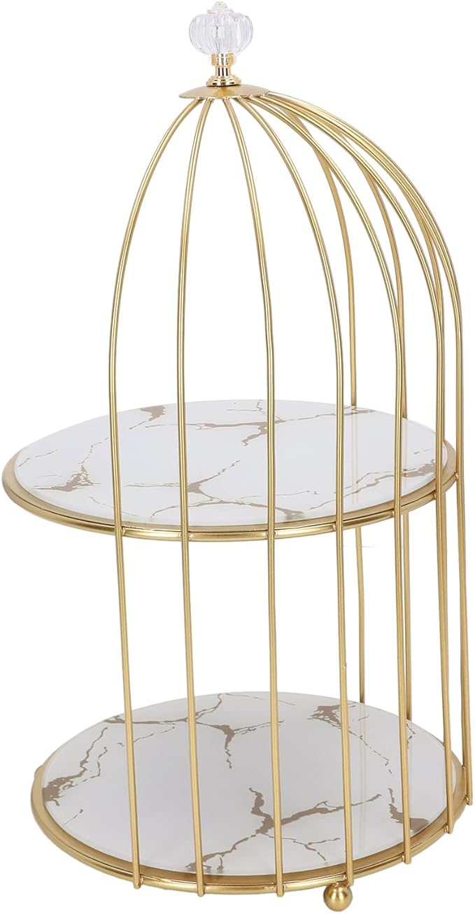 Double Layer Storage Shelf, Bird Cage Organizer Display Rack with Sturdy Metal Glass Frame, for Bathroom Countertop Dressing Table (White Base Gold Pattern)