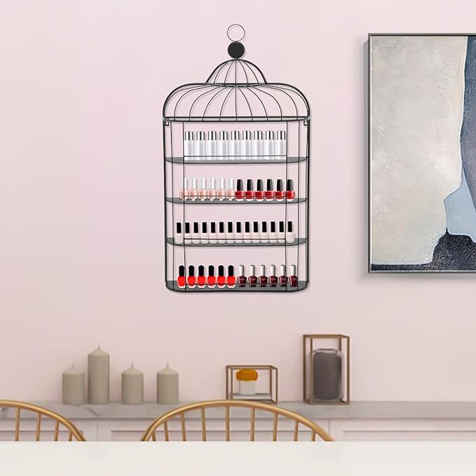Nail Polish Organizer Wall Mounted, 4-Tier Nail Polish Storage Rack, Metal Nail Polish Storage Holder, Multifunctional Organizer for Essential Oil Perfume Lipsticks at Home Salon Spa(Black)