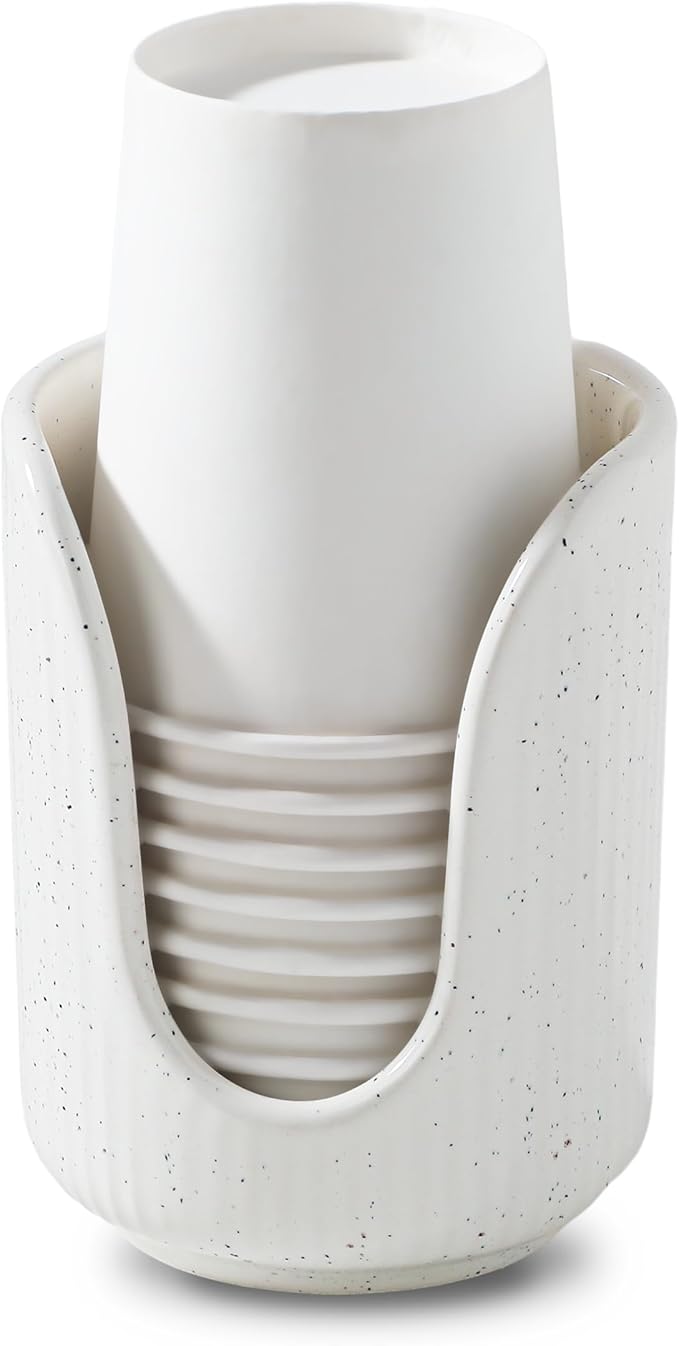 ABRUTY Bathroom Cup Dispenser, 3oz-4oz Ceramic Paper Cup Holder, Small Countertop Mouthwash Dixie Cups Accessories, for Vanity Countertops, Bathroom, Kitchen, and Dining Room, Sand
