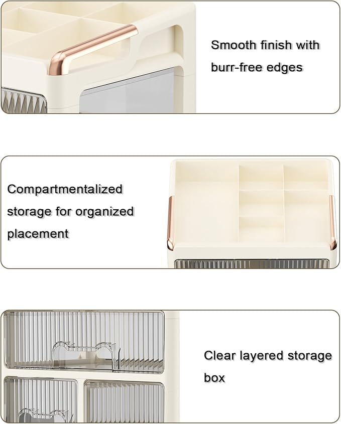 Makeup organizer, 1 large drawer+2 small drawers+1 vertical drawer, suitable for dressing tables, lipsticks, skincare products, and desktop storage boxes