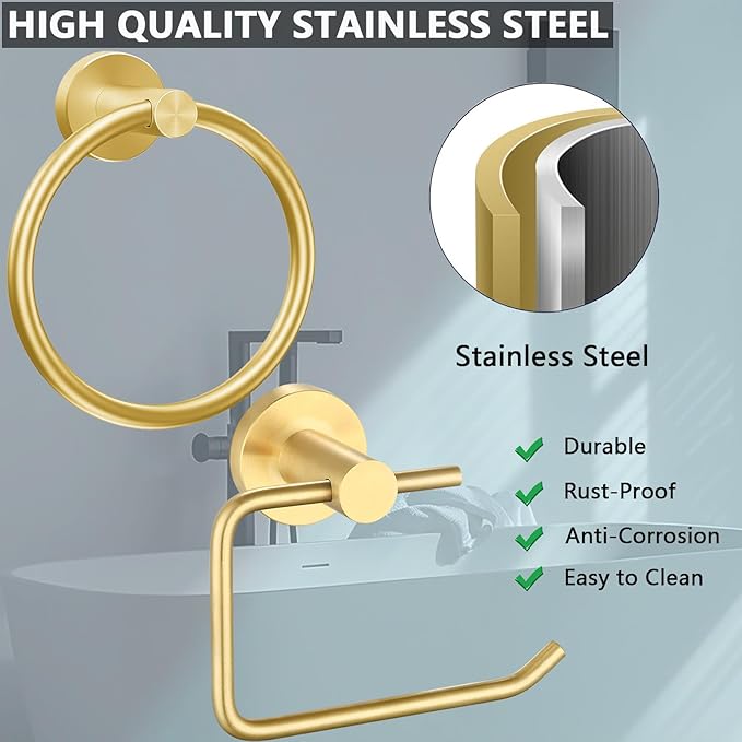 Towel Ring and Toilet Paper Holder Set, Stainless Steel Bath Towel Hanger and Tissue Roll Holders, Bathroom Hardware Accessories Wall Mounted 2 Pieces (Gold)
