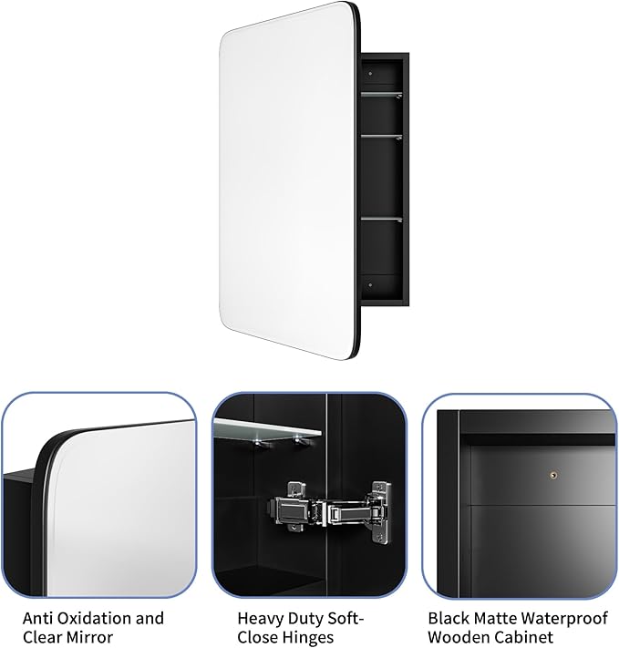 AGDULL Vintage-Style Bathroom Wood Black Cabinet with 17.5''x29'' Curved Mirror, Recessed Medicine Cabinet, Bathroom Storage Cabinet