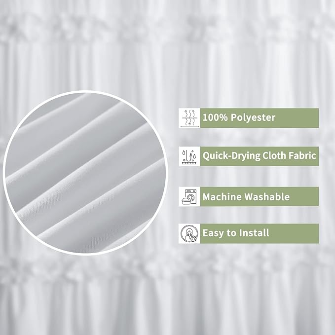 Victorian Ruffle Shower Curtain 60" x 72" White, Ruched Microfiber Vintage Handcrafted Bow Tie, Stall Size Bath Curtain with 10 Buttonholes, Machine Washable and Dry Quickly (LQ-10)
