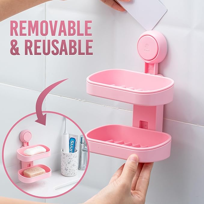 TAILI Soap Holder Soap Dish for Shower, Suction Cup Soap Holder for Shower Wall, Bathroom Accessories, Removable Strong Hold Soap Saver, Drill Free Double Soap Dish, Pink 2 Layer