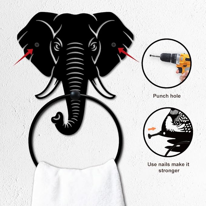MAYJOYDIY Elephant Metal Towel Ring Round Animal Hand Towel Holder Ring Hanger Wall Mount Black Vintage Towels Wall Organizer for Kitchen Bath Home Laundry Room Decors Gifts
