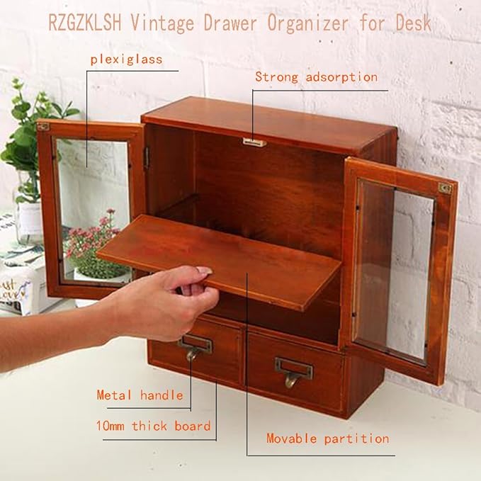 Rustic Vintage Mini Pine Counter Top Cabinet - 12" L x 4.7" W x 14" H with 2 Doors & 2 Drawers, Antique Apothecary Spice Cabinet for Kitchen, Bathroom, Office Organization & Storage(Brown)