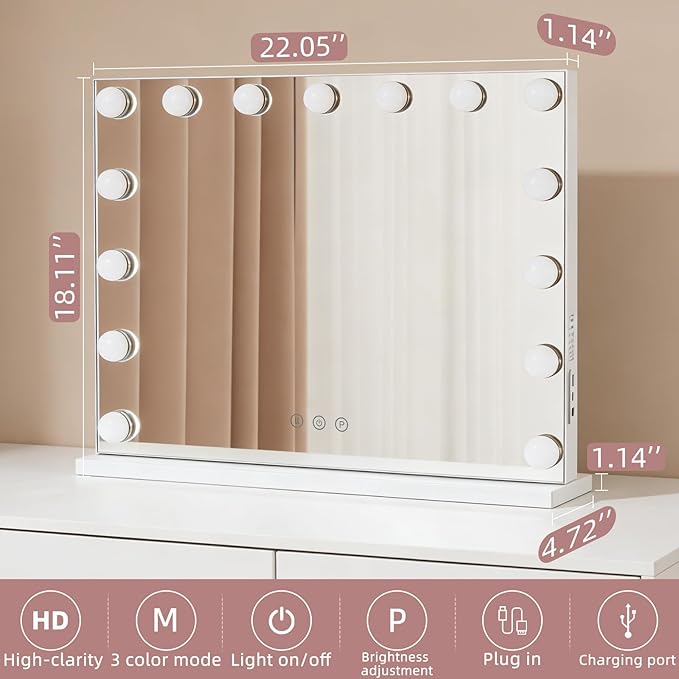 Hollywood Vanity Mirror with Lights, 22.05"x18.11" Hollywood Mirror with 10X Magnification, 3 Color Lighting Modes & 15 Dimmable LED Bulbs Makeup Vanity Mirror for Desk Wall-Mounted