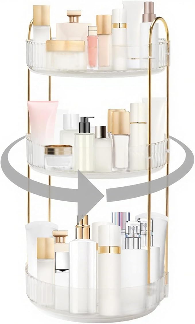 INVSSENE 360° Rotating Makeup Organizer, Bathroom Make Up Spinning Holder Rack, Large Capacity Cosmetics Storage Vanity Shelf Countertop, Fits Cosmetics, Perfume, Skincare, Lipsticks(3 Tiers, Clear)