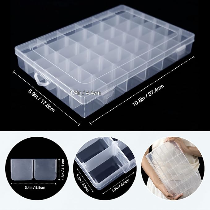 Benbilry 36 Grids Clear Plastic Organizer Box with Adjustable Dividers, 36 Compartment Clear Storage Container for Bead Organizer, Fishing Tackles, Felt Board and Jewelry Storage