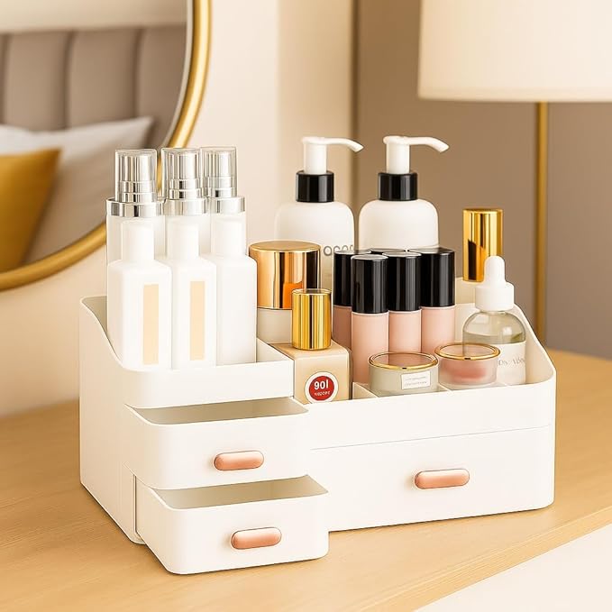 Makeup Organizer Countertop for Vanity with Drawers – Large White Makeup & Skin Care Organizer for Cosmetics & Accessories