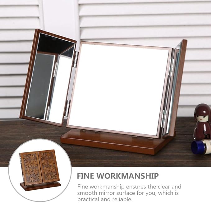 FOMIYES 1pc Wood Dressing Table Mirror Wooden Three Mirrors Indoor Desktop Make up Vanity Carved Standing Desk Makeup