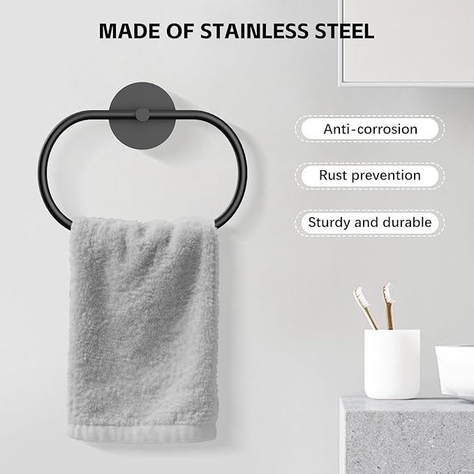 Adhesive Towel Holder Matte Black Hand Towel Holder for Bathroom Wall Stainless Steel Towel Ring for Bathroom Hardware Accessories No Drilling, 2 Packs