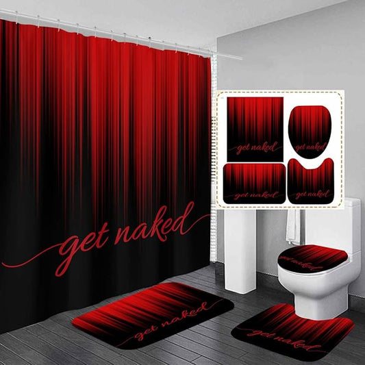 AAtter 4 Piece Red and Black Shower Curtain Set Get Naked Funny Adults Gothic Mens 60Wx72L Curtains Decor with Non-Slip Rugs, Toilet Lid Cover and Bath Mat Bathroom Accessorie Home Bathtub Set, Ombre