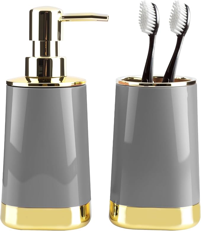 Bathroom Accessories Set, 2Piece Grey and Gold Bathroom Accessories Include Soap Dispenser and Toothbrush Holder for Modern Bathroom Decor