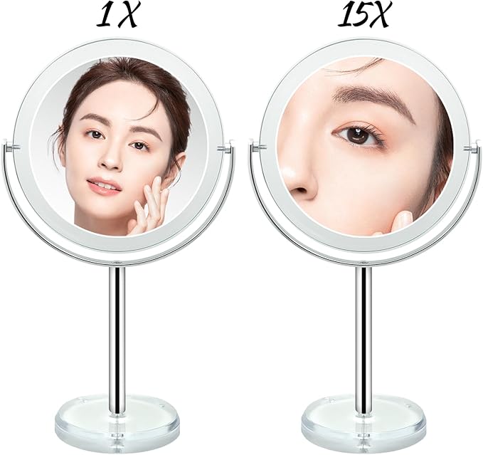Snowflakes Double Sided 1X / 15X Magnifying Makeup Mirror with Stand - 6.7 Inch Tabletop Vanity Mirror for Bathroom or Bedroom with 360° Rotation.