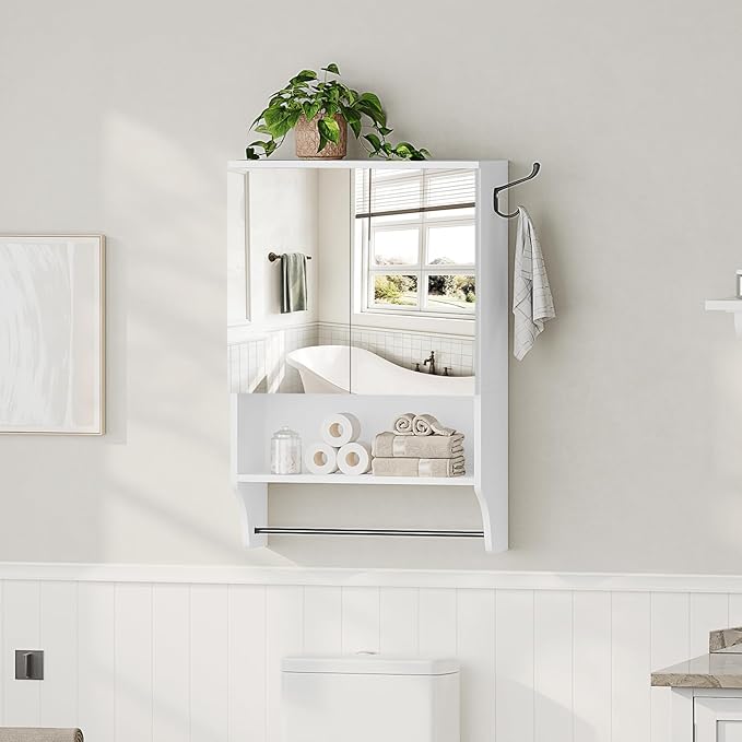 MAHANCRIS Bathroom Wall Cabinet with Mirror, Medicine Cabinet with 2 Door and Adjustable Shelf, Wall Mounted Over The Toilet Storage Cabinet for Bathroom Laundry Room Kitchen, 18.9"W x 26.2"H, White