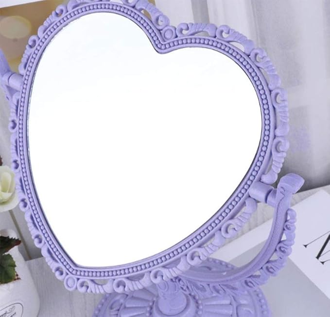 AKOAK Heart-Shaped Cosmetic Mirror - Plastic, Double-Sided, Rotatable, Lightweight - Bathroom & Bedroom Mirror (Purple)