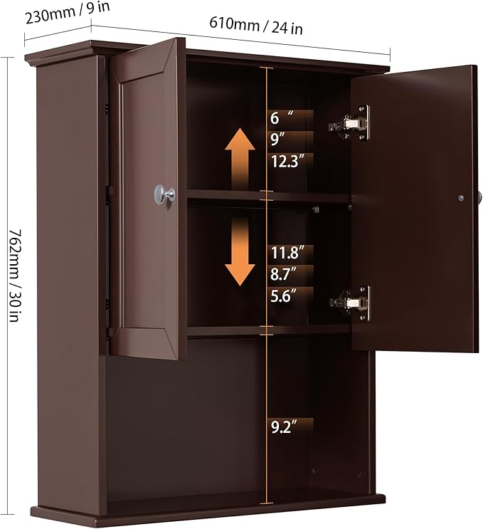 VANIRROR Bathroom Wall Cabinet Expresso Over Toilet Storage - 24x30 in Above Toilet Wood Medicine Cabinet with Adjustable Shelf & 2 Door Mounted Wall Cabinet