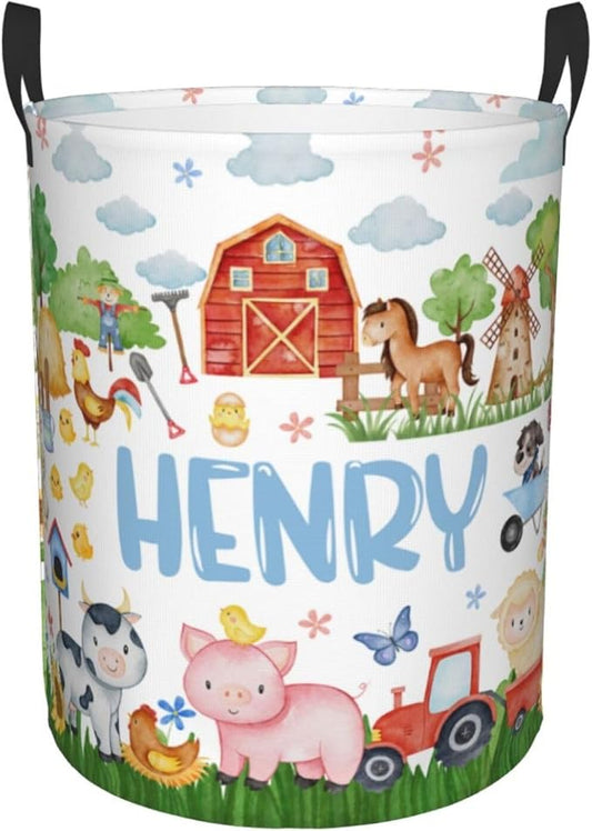 ZOE DAVISON Custom Farm Animals Laundry Baskets, Personalized Animal Pattern Gifts with Customized Name, Collapsible Laundry Hamper for Kids Adults Home Decoration,16.5 X 13.8in
