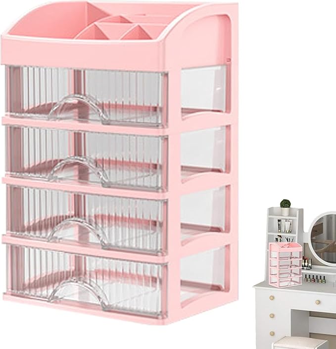 Makeup and Jewelry Organizer-Multilayer Transparent Drawer Storage,Desk Drawer Organizer-Cosmetics Jewelry Storage Cabinet,Desktop Rack for Stationery | Household Storage,for School Home (pink, XL)